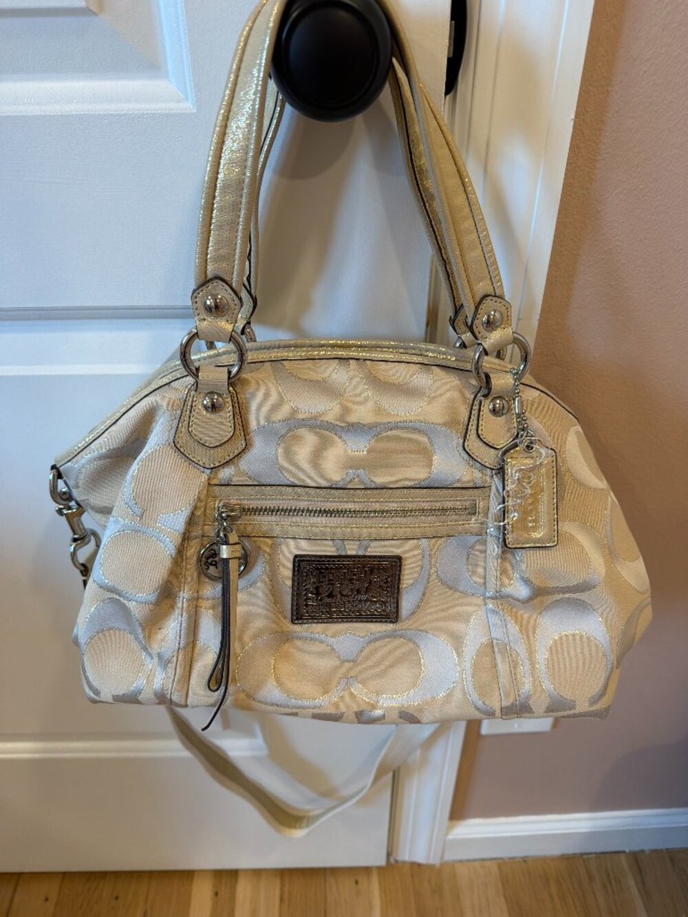 Coach Poppy Signature Satchel Handbag Gold Cream Metallic Pink Lining Crossbody